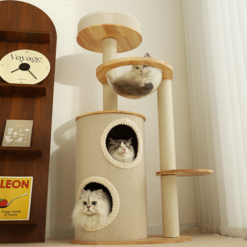 【お得なクーポン有り】【省スペース設計】天然木製コンパクト猫タワー|多段キャットステージ&シザル麻爪とぎ板一体型|小型住宅向け猫用家具 猫ベッド付き|BEST CHOICE