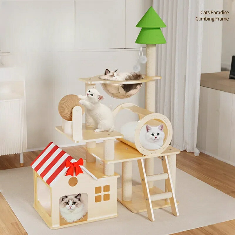 【マラソン限定×P5倍】【多機能・省スペース】キャットタワー 一体型猫ハウス＆ランニングマシン付き 猫トンネル・ジャンプ台・透明ドーム搭載 オールシーズン対応 高耐久 猫用ヴィラ