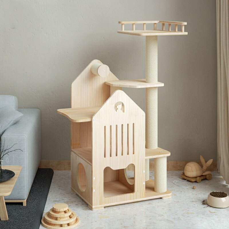 【お得なクーポン有り】【天然木制】キャットタワー 大型犬 お城 コンパクートキャットツリー & ハウス一体型 自立式 省スペース 猫用おもちもち付 无垢材ネコタワー|BEST CHOICE