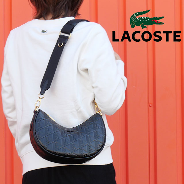 ラコステ ショルダーバッグ レディース NF4710 マヘキ レザーショルダーバッグ 肩掛け 斜め掛け バック BAG ムーンバッグ 小物 わに 鰐 モノグラム お出かけ プレゼント 型押し 鞄 黒 最強翌日配送 送料無料 evid