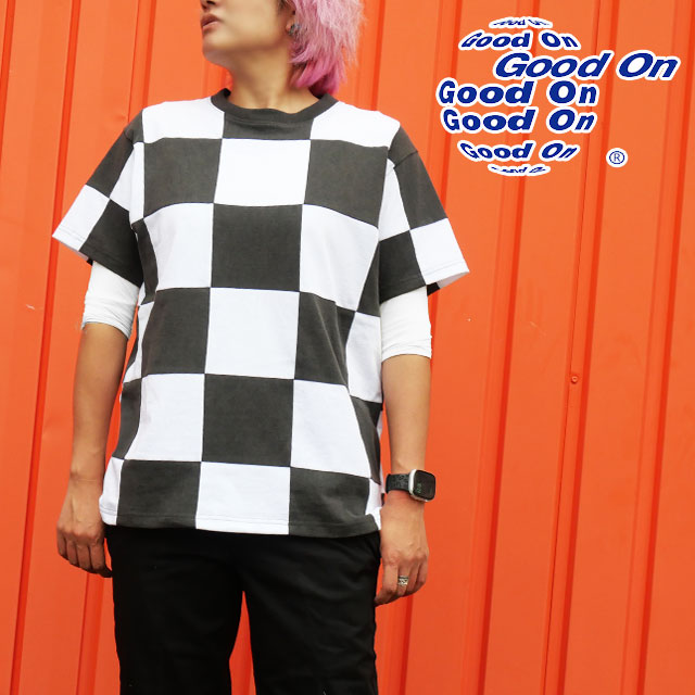 グッドオン|Good On プルオーバー メンズ GOST2507 絵の具 パッチワーク S/S お茶 レディース 半袖 トップス カットソー 御召しもの 市松飾りつけ 御召しもの 労働者の一団素っ首 丸首 服 白 黒 チェッカー 日本製 最強またの日送りとどける 電子メイル便貨物輸送無料 evid