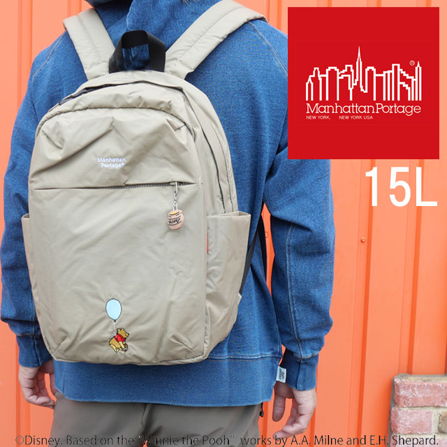 マンハッタンポーテージ バックパック 15L メンズ MP-2286-BP-TS-PH25 バッグ レディース リュック リミテッド ディズニー くまのプーさん デイパック PCスリーブ A4サイズ収納可能 軽量 通学 小さめ 軽い 黒 ベージュ｜亀田屋本店