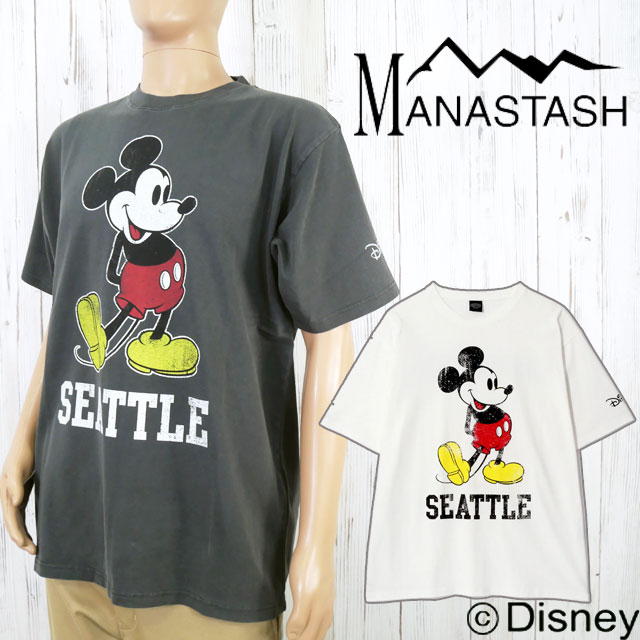 マナスタッシュ プリントTシャツ メンズ 7925234010 MICKEY TEE SEATTLE レディース トップス ミッキー カジュアル コラボ アウトドア キャンプ ディズニー 半袖 お揃い 綿100％ 白 黒 最強翌日配送 メール便送料無料 evid
