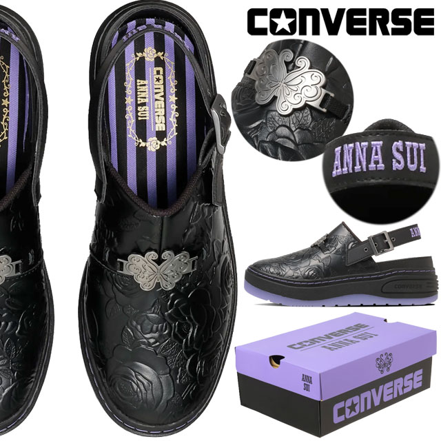 コンバース アナスイ 二人三脚 厚底 レディース クロッグサンダル 打ち物 PLTS CLG OX/ANNA SUI 馬鹿でかい大いさ 25.5糎 26糎あり ストラップサンダル 心地好いシューズ チャンキーソール 33702710 黒いこと/パープル 蝶 ローズ 黒 靴 貨物輸送無料 最強またの日送りとどける evid