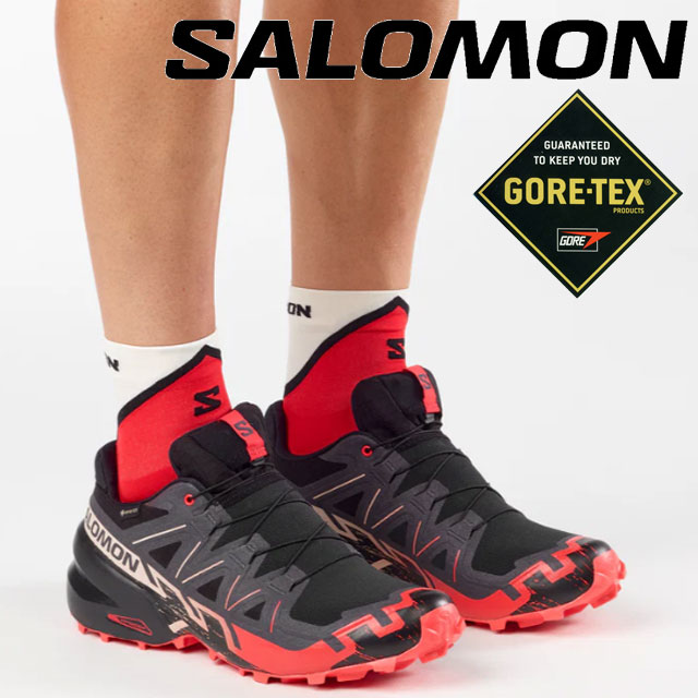 【返品交換送料無料】サロモン スピードクロス 6 GTX メンズ 防水 スニーカー 滑りにくい トレイルランニングシューズ ゴアテックス L49226000 ローカット ハイキングシューズ アウトドア ブラック/ファイアリーレッド/アーモンドミルク 靴 送料無料 最強翌日配送 evid