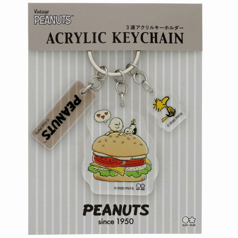 楽天市場 スヌーピー Snoopy Peanutsアメリカンテイスト３連アクリルキーホルダー ハンバーガー S 紙 文具 ひかり
