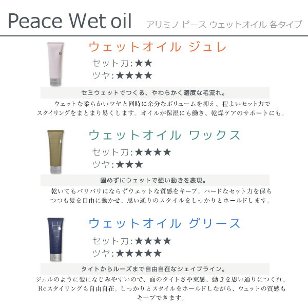 楽天市場 アリミノ ピース ウェットオイル ワックス 100g 美容室 サロン専売品 美容室専売品 おすすめ品 スタイリング ヘアワックス ハード ウェット オイル 髪ランド シャンプー お得