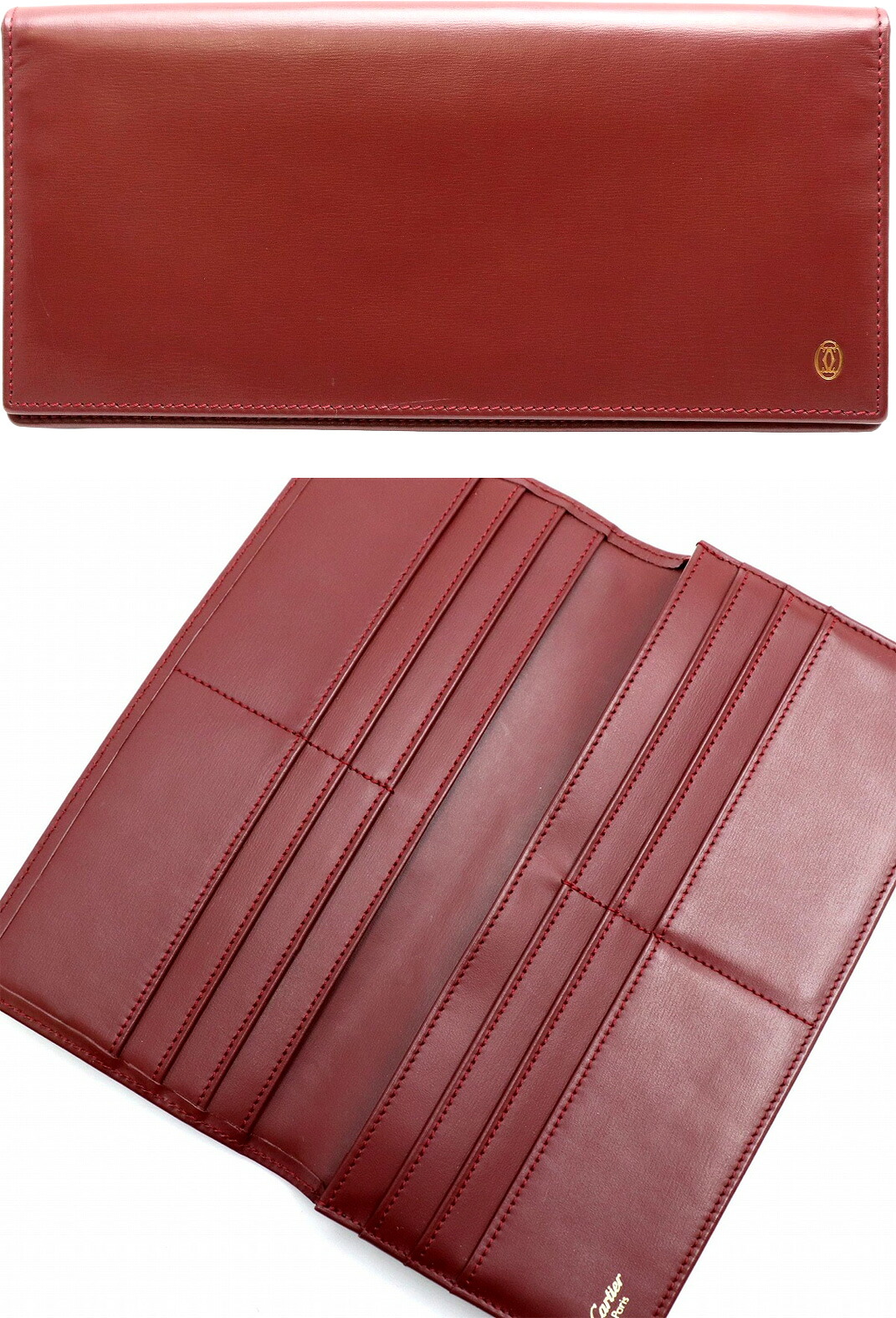 Cartier カルティエ メンズ レディース小銭入れ付き二つ折り長財布パシャ ゴールド箔押しロゴカーフレザー インターナショナルワインレッド ロングウォレット Pasha２つ折り長財布 新品未使用 【中古】｜kaminorth