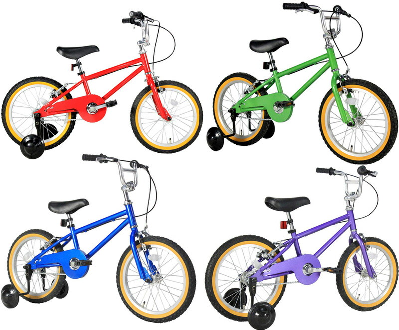 BMXスタイルハンド補助輪付き16インチ子供用自転車キッズバイク ジュニアサイクルブルー レッド　グリーン パープルベル＆チェーンカバーu0026補助輪  標準装備Vブレーキ仕様幼児車｜kaminorth