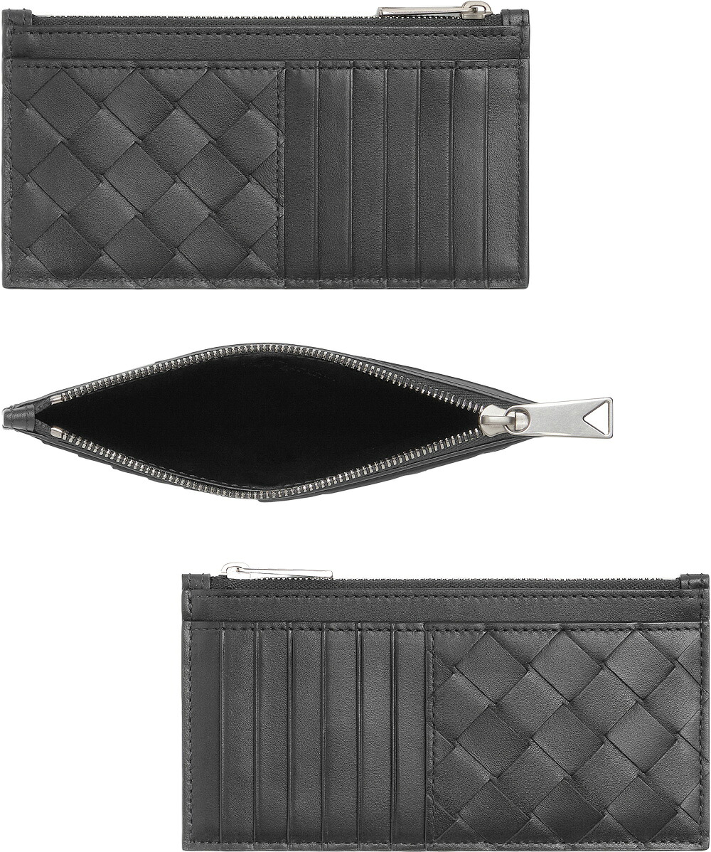 BOTTEGA VENETA メンズ ボッテガヴェネタ ファスナー小銭入れ付きカードケース コインケース付きロングカードウオレット 財布 ブラックカーフスキンレザー フラグメントケース COIN WALLET8803BK イントレチャート ロング ウォレット 新品未使用 【中古】