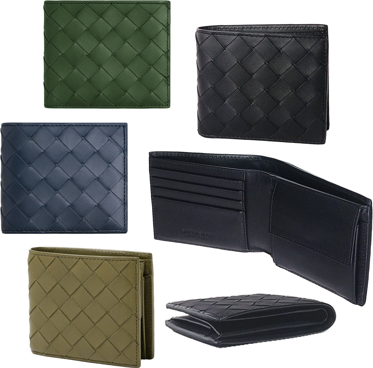 BOTTEGA VENETA ボッテガヴェネタ メンズ 小銭入れ付き二つ折り布 イントレチャート 2折り財布 コンパクトウォレット ブラック ダークカーキ ダークネイビー ダークグリーン 8803BK8838NV3009DGN3009DGN INTRECCIATO 新品未使用【中古】