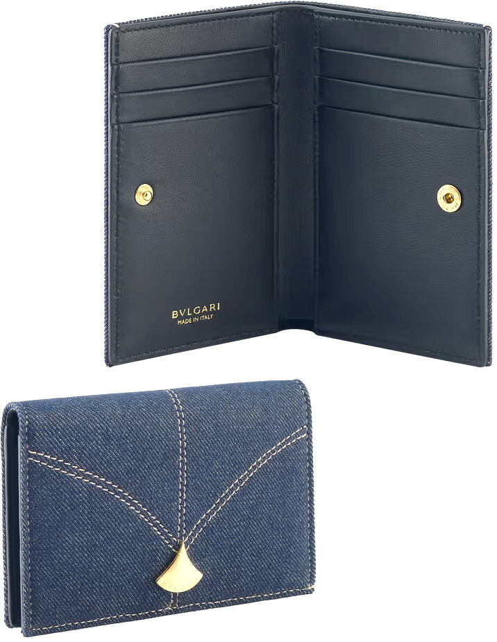 BVLGARI ブルガリブルガリ\u003cBR\u003e二つ折りクレディットカード容れもの\u003cBR\u003eジーンズ青碧×ブラックナッパレザー\u003cBR\u003eディーヴァ 意気ごみ 名刺入れ \u003cBR\u003e ブラスゴールドプレートプレスボタンクロージャー\u003cBR\u003eゴールドラメ LEATHER CreditCardHolder 二つ折り 歌留多保持者名刺容れもの