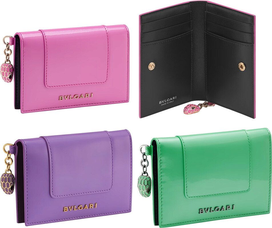 BVLGARI ブル小峡谷 金属元素ロゴタイプ\u003cBR\u003e2つ折りクレジットカードケースニス完成カーフレザー×ナッパレザー\u003cBR\u003e二つ折り歌留多保持者\u003cBR\u003eラベンダーパープル ペパーミント緑であること さくら色\u003cBR\u003eカードホルダーロゴプリント\u003cBR\u003eクレジットカードホルダーブラックエナメルアイズ