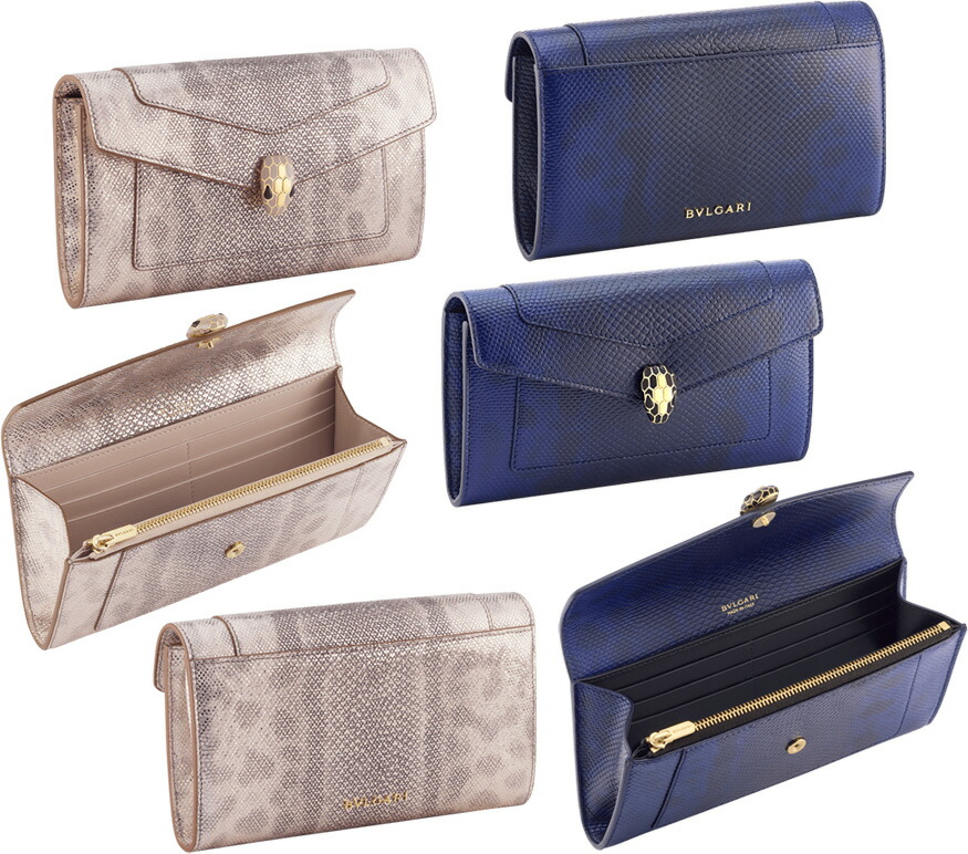 BVLGARI ブルガリ レディース ファスナー小銭入れ付2つ折り長財布 セルペンティヘッドロゴ 背面メタルロゴ カルングスキンレザー ネイビーブルー ベージュ セルペンティフォエバー 蛇頭 ナッパレザーライニング ヘリテージスネークヘッドリベット 141,900円