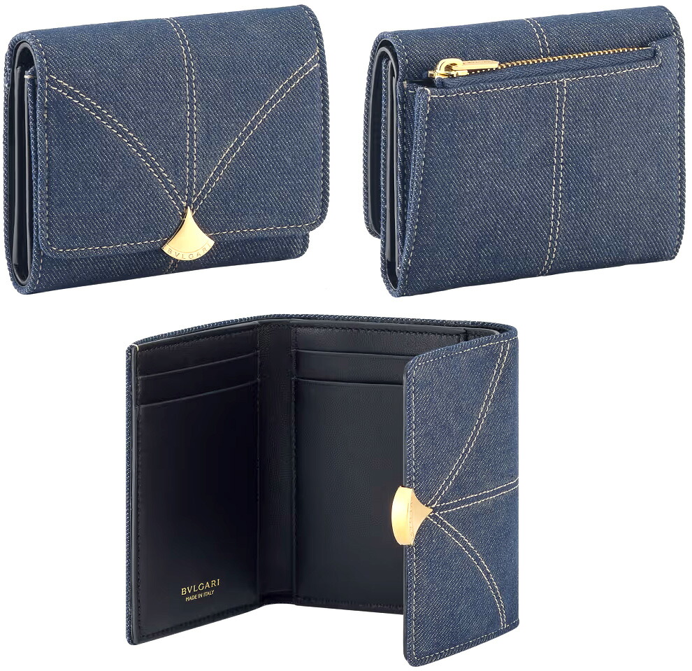 BVLGARI ブル小峡谷 レディース メンズ\u003cBR\u003eチャック釣り銭入れ付き添い人三つ折り金入れ\u003cBR\u003eコンパクトウォレット 3つ折り\u003cBR\u003eディーヴァドリームクリップクロージャー\u003cBR\u003eサファイアデニムブルー×ブラックナッパレザーゴールドプレスボタンクロージャー 3折り金入れ