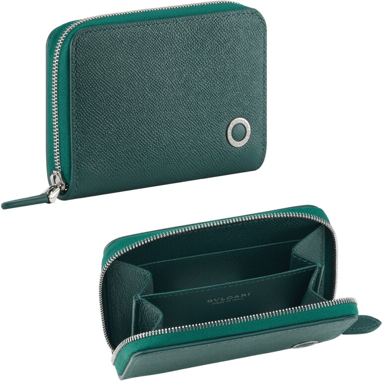 BVLGARI ブル小峡谷 メンズ 歌留多容れもの付き添い人御釣り入れ\u003cBR\u003eコインケース 銭入れ クレディットカード容れもの\u003cBR\u003eロゴタイプ目じるしプチメタルロゴ エメラルド緑であること\u003cBR\u003eミニジップラウンドファスナー御釣り入れ\u003cBR\u003eダブルロゴタイプお皿 サイフ ジップミニウォレット