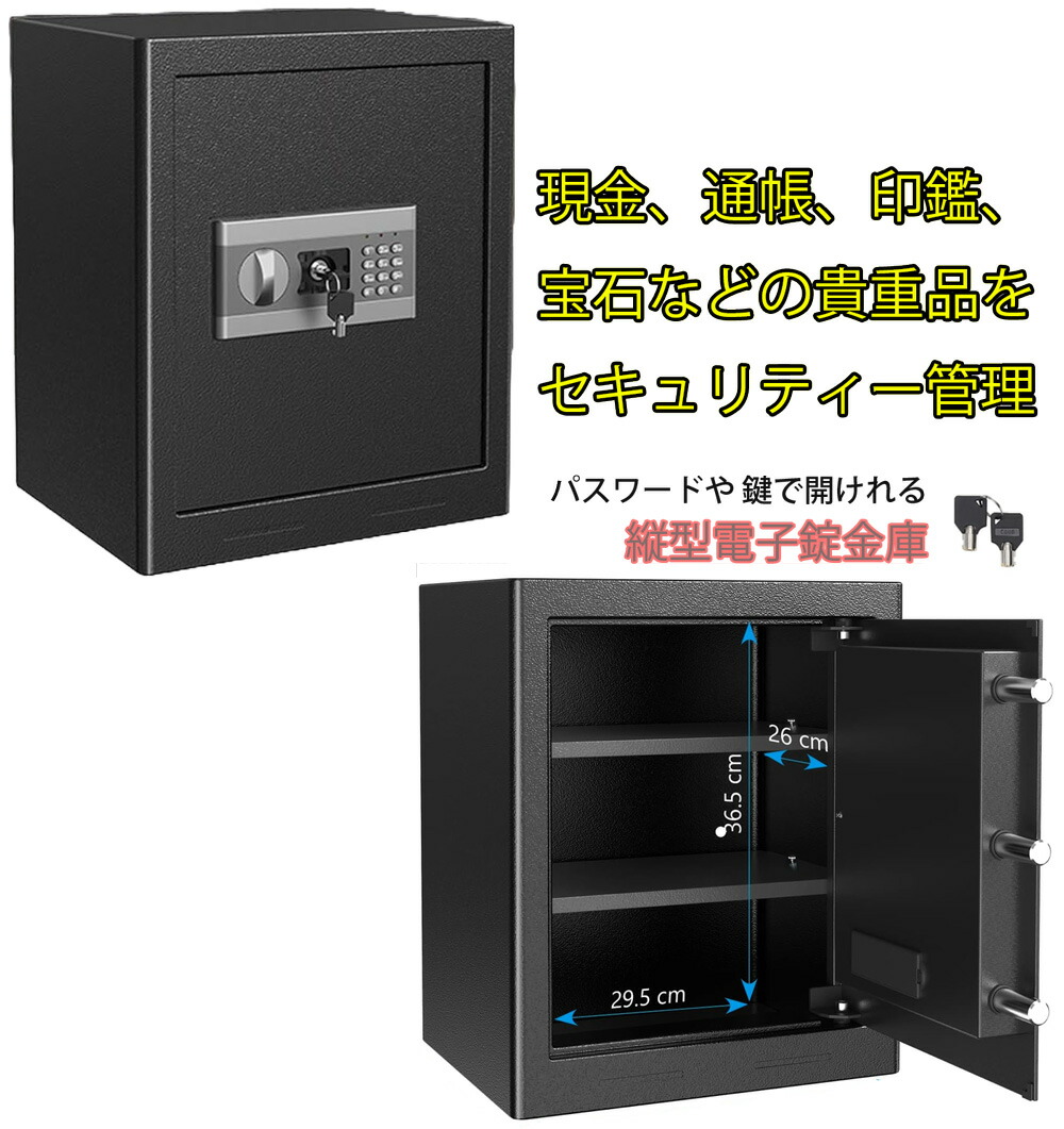 現金＆通帳＆印鑑＆腕時計、重要書類やアクセサリー宝石などの貴金属の管理もこれで安心圧延鋼材テンキーロック電子金庫セイフティーブラックボックスパスワードテンキー金庫取り外し可能2段棚 緊急解錠キー付き家庭用 オフィス店舗用 防犯対策｜kaminorth