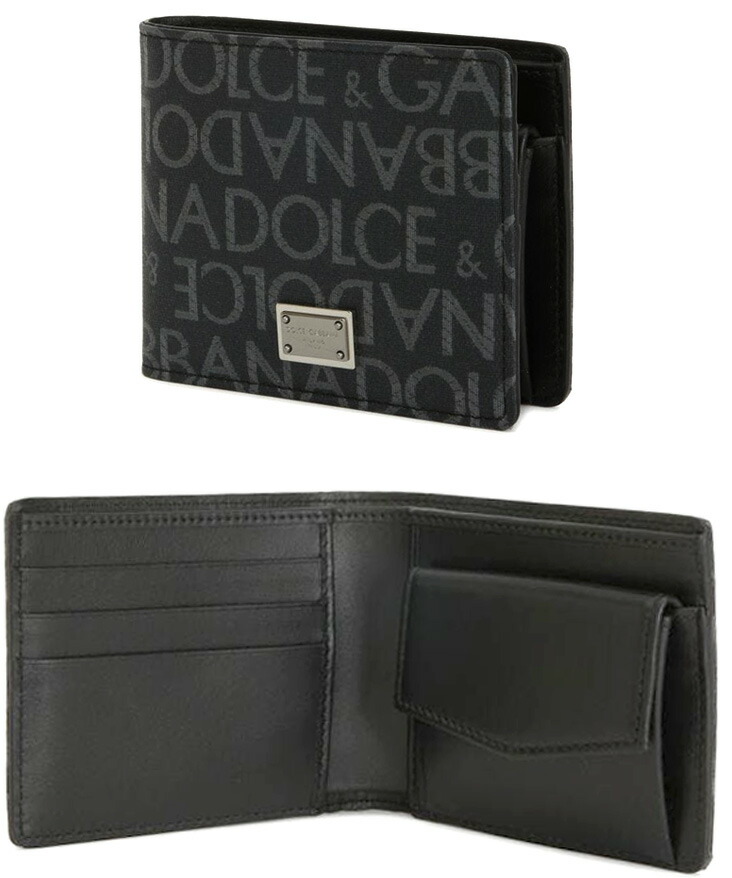 DOLCE&GABBANA D&Gドルチェ＆ガッバーナ ドルガバメンズ 小銭入れ付き二つ折り財布 ブラック&times;グレー4ポイントロゴ刻印スクエアロゴプレートコーティングジャカードモノグラム2つ折り財布バイフォールドウォレット ディー＆ジー 8B969BKGY｜kaminorth