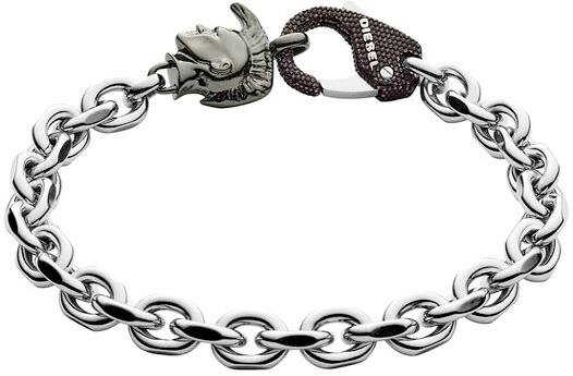 DIESEL ディーゼル シルバーブレスレット ガンメタブレイブマンロゴボタン リンクチェーンブレス ブラッククラブフックホック アクセサリー メンズ アームバンド Men's Bracelet JEWELLERY