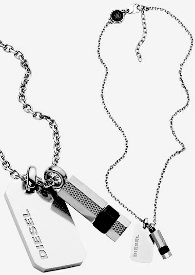 DIESEL ペンダントネックレス ディーゼル Wチャームトップ ロゴ刻印8角ドッグタグスクエアプレート ブラックネジオクタバーチャーム アクセサリー メンズ レディース DOUBLEOCTAGON CHARM PENDANT NECKLACE