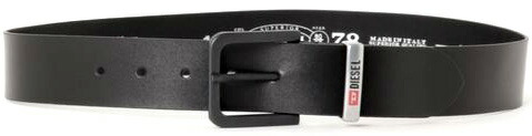 DIESEL ディーゼル メンズ スムースレザーベルト ロゴ刻印シルバーメタルベルトループ ブラックスクエアバックル ブラックカウレザーベルト Dロゴ COWHIDE LEATHER