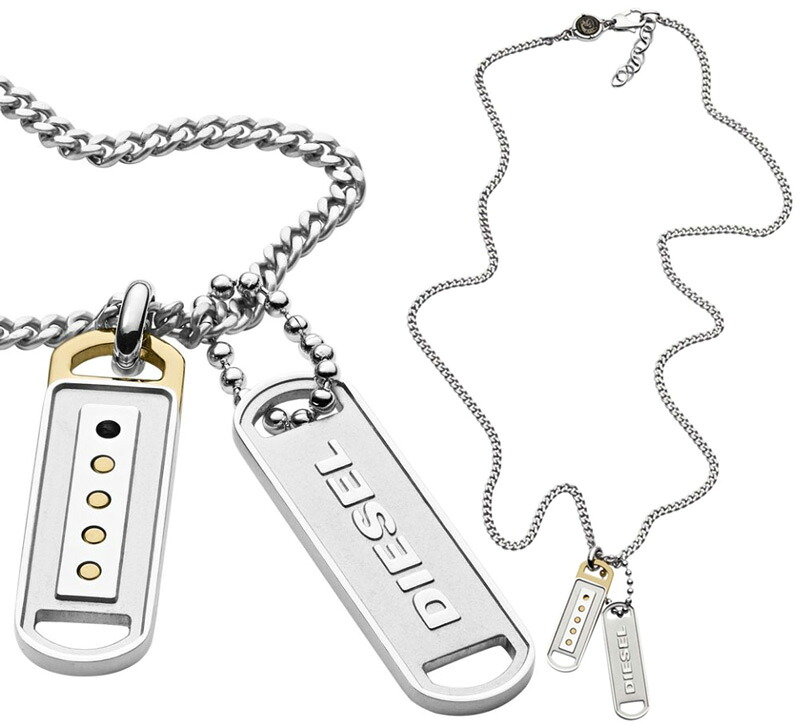 DIESEL ペンダントネックレス ディーゼル Wシルバータグプレート 立体ロゴダブルプレート ゴールドアクセント アクセサリー 5ポイント ステンレススチール メンズ レディース ユニセックス Hexagon DOGTAG 00DJW PENDANT NECKLACE