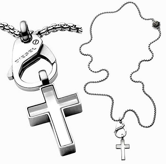 DIESEL ペンダントネックレスディーゼル グレイブロゴカラビナフックシルバークロスチャームトップブレイブマン ステンレススチールアクセサリー メンズ モヒカンボタンPENDANT NECKLACE GLASS CROSSLobster Claw Closure｜kaminorth