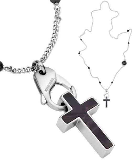 DIESEL ディーゼル ブラッククロスネックレス十字架＆ブラックボールストーンステンレススチールシルバーチェーンペンダントカラビナフック ブレイブマンロゴアクセサリー メンズ レディースPENDANT NECKLACEユニセックスライン 男女兼用｜kaminorth