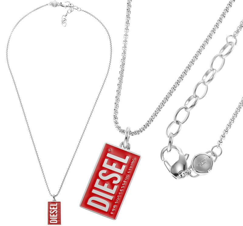 DIESEL ディーゼルスクエア立体レッドプレートネックレスドッグタグロゴプレートペンダント メンズアクセサリー トツロゴ サクセスフルリビング PENDANTSTAINLESSNECK NECKLACE｜kaminorth