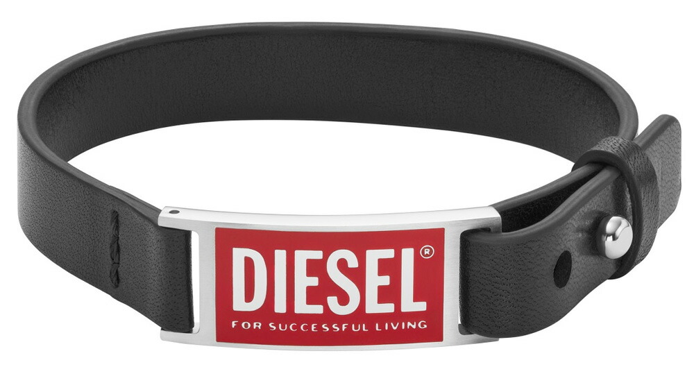 DIESEL ブレスレット ディーゼル レッドスクエアバックルロゴプレート ブラックレザーベルト シルバーステンレス スタックブレスレット アクセサリー 男女兼用 メンズ レディース アームバンド BRACELET