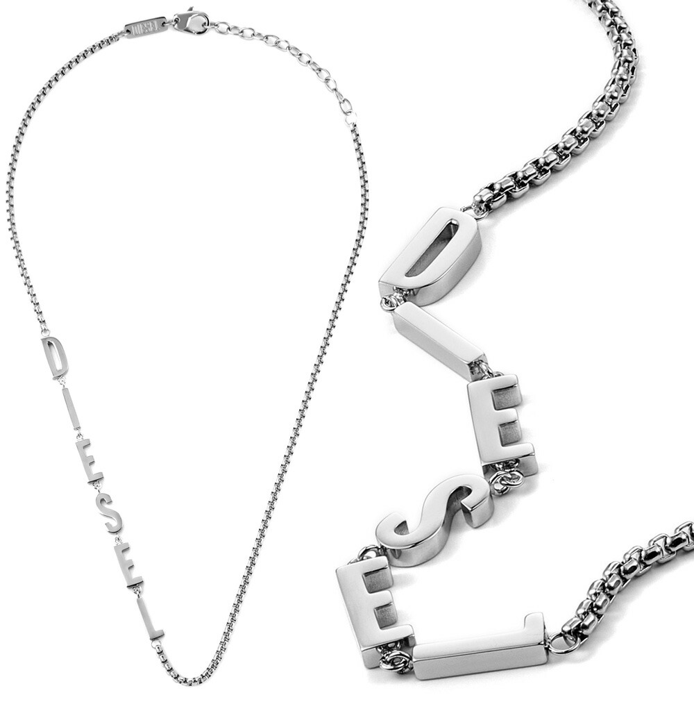 DIESEL ディーゼル ペンダントネックレス レディース メンズ シグネチャーロゴプレート レターロゴリンクチェーン 立体3Dロゴ ステンレスシルバーアクセサリー PENDANT NECKLACE モヒカン