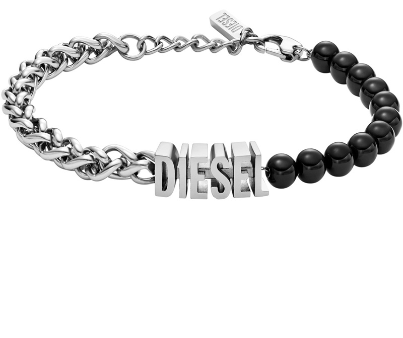 DIESEL ディーゼル ビーズブレスレットメンズ レディース ブラックアゲートビーズシルバー3D立体Dロゴチャームプレート アクセサリーステンレススチールビーズチェーンプチロゴプレート ロブスタークラス部BRACELET SEMI PRECIOUS 男女兼用｜kaminorth