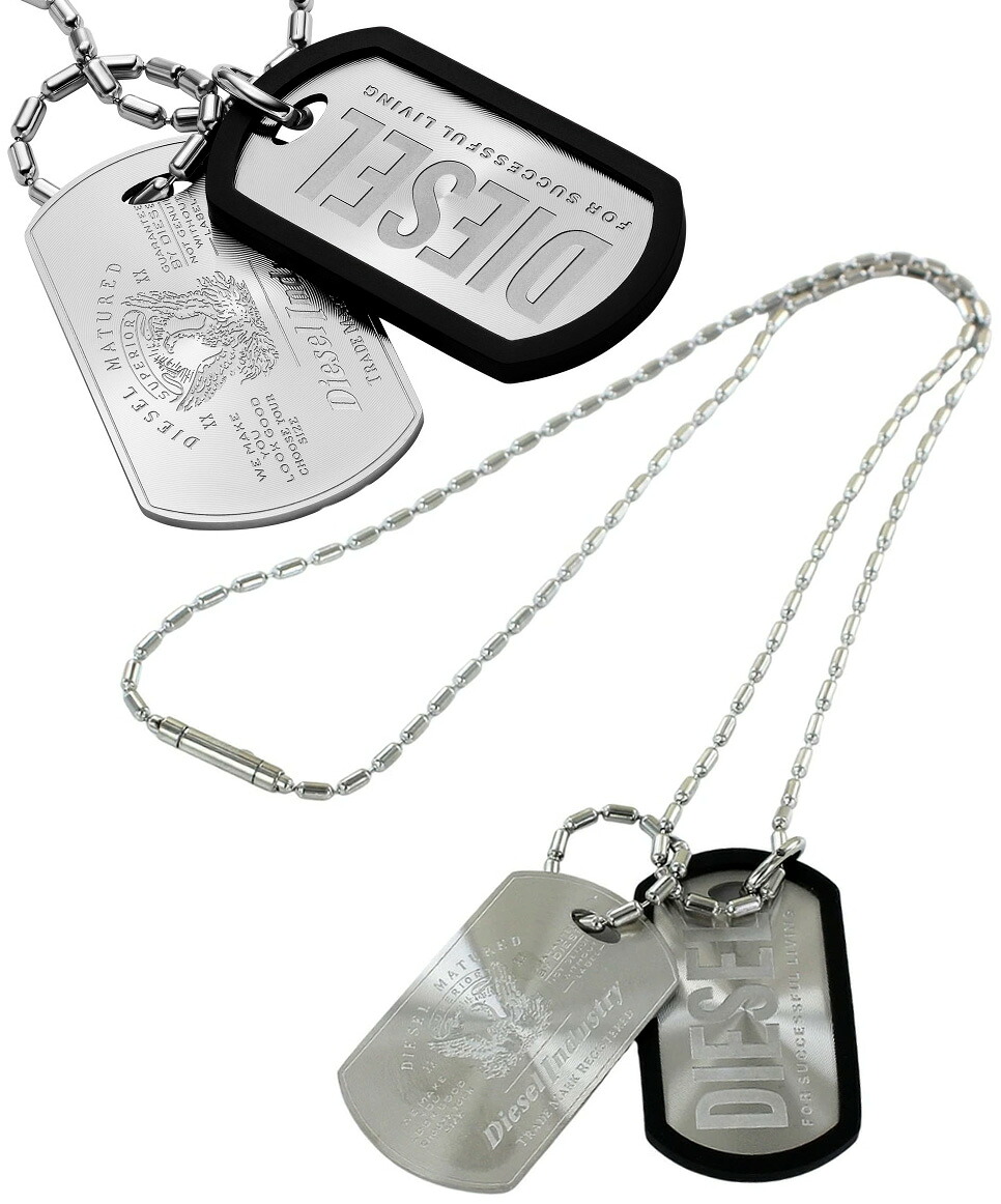 DIESEL ディーゼルメンズ レディース ペンダントネックレスWドッグタグプレート ブラックラバーインダストリーシルバープレート ユニセックスシルバーアクセサリー プッシュボタンクロージャーFOR SUCCESSFUL LIVING INDUSTRY PENDANT NECKLACE｜kaminorth