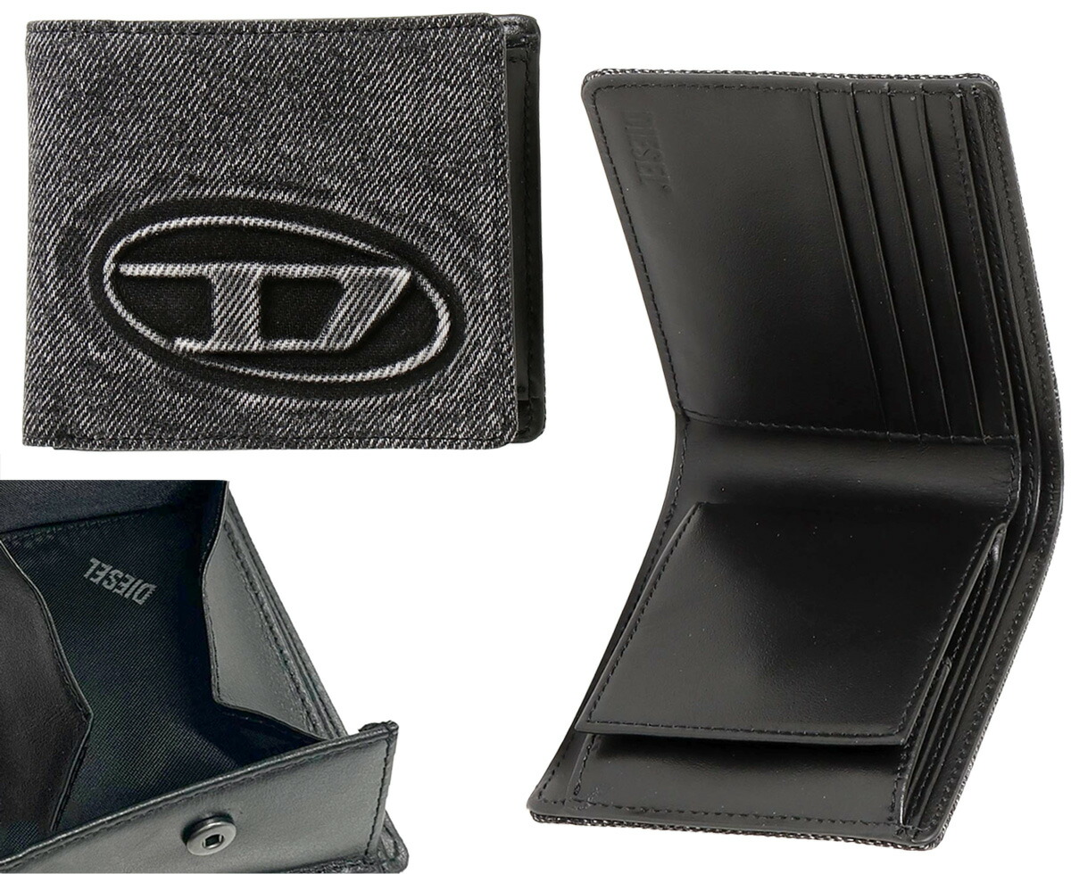 DIESEL ディーゼル メンズ\u003cBR\u003e引っ掛かり式ボックス席釣り銭入れ付き添い人二つ折りがま口\u003cBR\u003e立体エンボスオーバルDロゴタイプ\u003cBR\u003eウォッシュドデニムファブリック\u003cBR\u003e幽々たる薄墨色×ブラックカーフレザー\u003cBR\u003eウォレット 2つ折りがま口 さいふ サイフ\u003cBR\u003eCOMPACT WALLET T8013BK 財布・ケース-バッグ・小物・ブランド雑貨