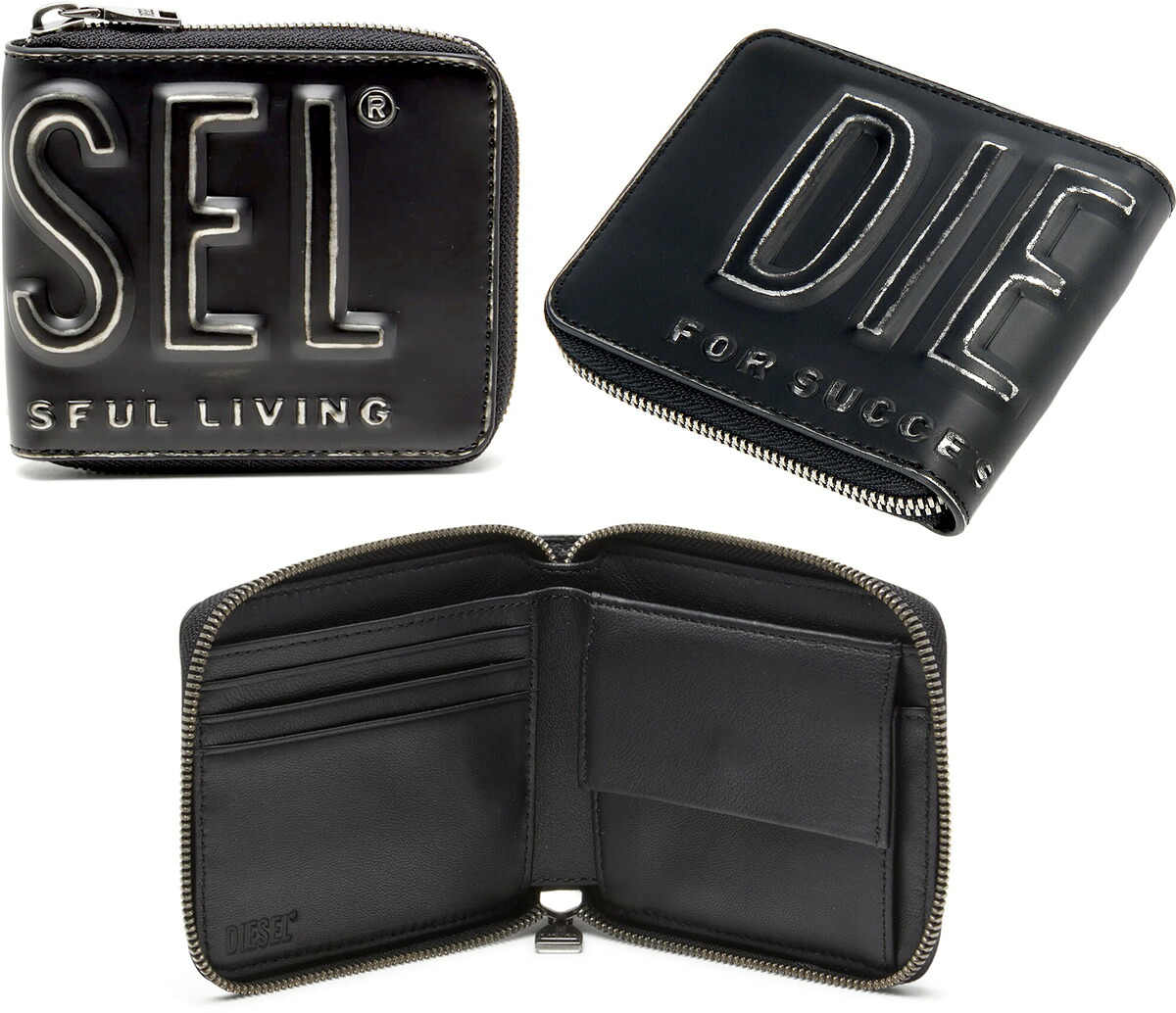 DIESEL ディーゼル 立体ロゴ メンズ レディース 小銭入れ付きラウンドファスナー二つ折り財布 3Dエンボスシグネチャーロゴ ブラッシュブラックカーフレザー ダブルレイヤーメタリックフェイス ラウンドジップコンパクトウォレット DSL 3D ZIP-COINPACT WALLET