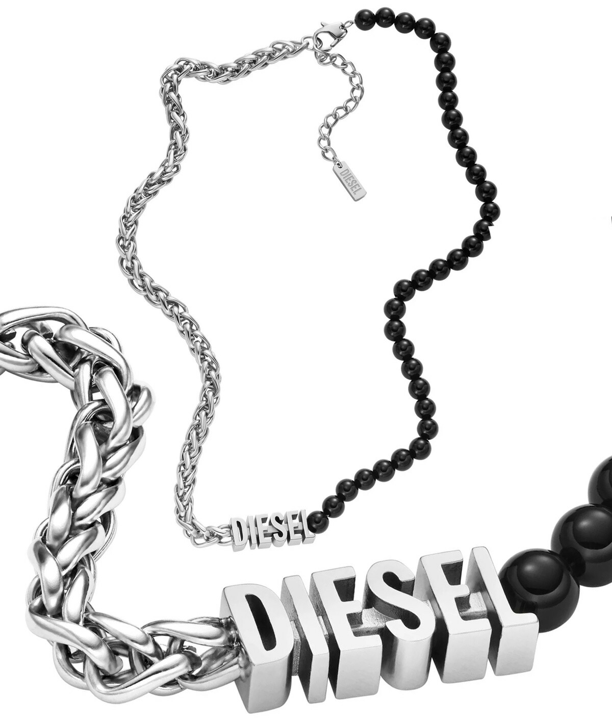 DIESEL ディーゼル ペンダントネックレス マルチリンクチェーンネックレス ブラックアゲート ステンレススチール ブラックメノウビーズチェーンネックレス シルバーアクセサリー コンビネーション 3D立体ロゴトップ PENDANT NECKLACE