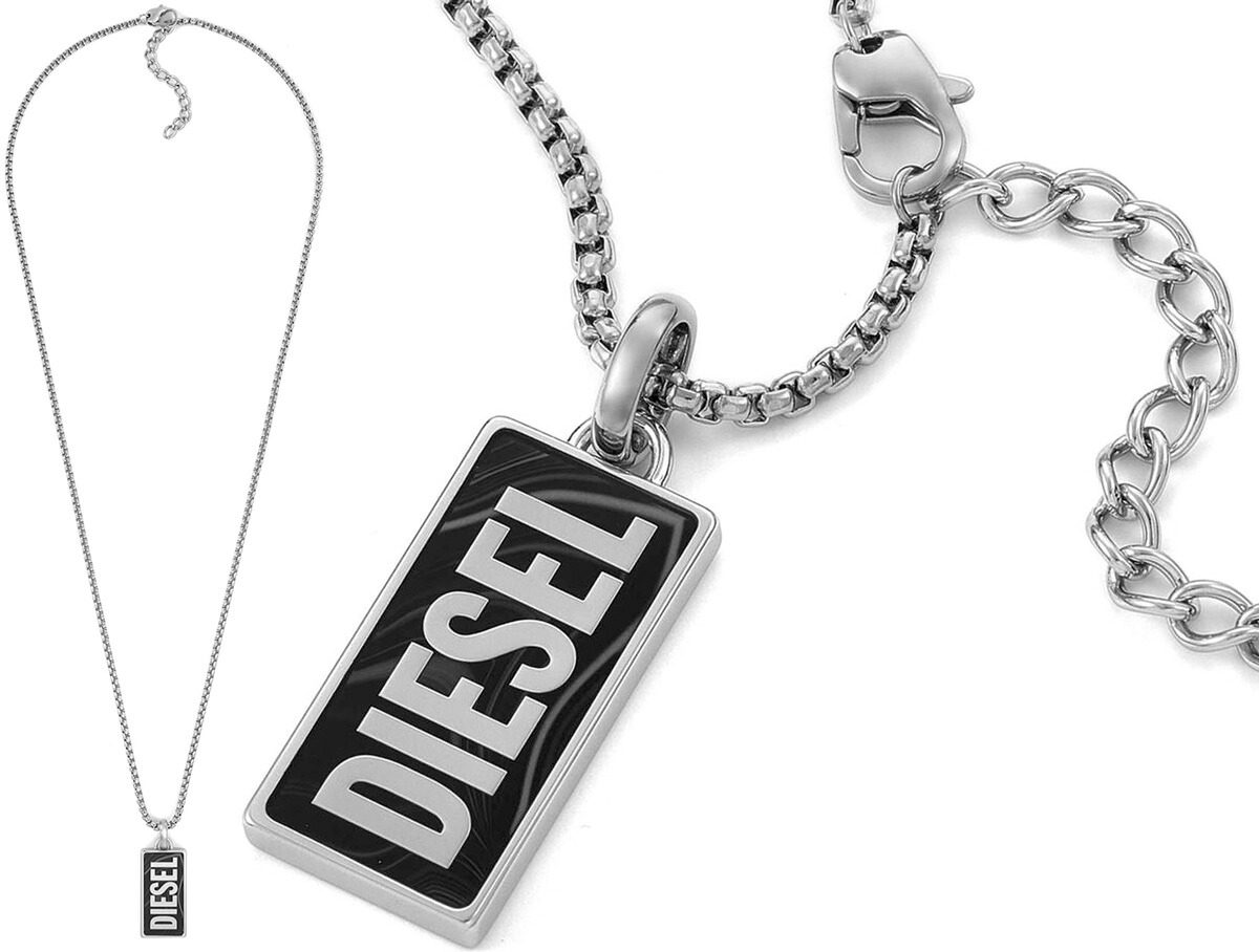 DIESEL ディーゼル メンズ レディースドッグタグペンダントネックレスブラックアゲートスクエアロゴプレートアクセサリー サイズ調整可能 DOGTAGS PENDANT NECKLACE｜kaminorth
