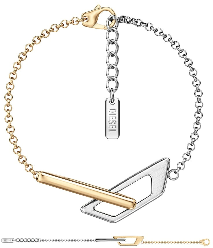 DIESEL ディーゼル メンズ レディースシルバーDロゴ×ゴールドDロゴツートンプレートチェーンブレスレットダブルD アームバンド ステンレススチールサイズ調整アジャスターチェーン付きアクセサリー 男女兼用 PLATE ARMBAND BRACELET|kaminorth