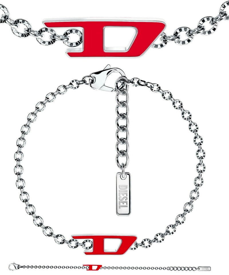 DIESEL ディーゼル メンズ レディースレッドDロゴプレートチェーンブレスレットアームバンド ステンレススチールサイズ調整アジャスターチェーン付きアクセサリー 男女兼用 PLATE ARMBAND BRACELET|kaminorth