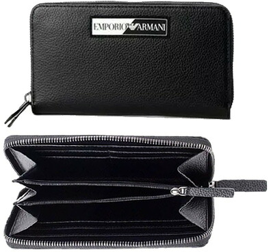 EMPORIO ARMANI エンポリオアルマーニ メンズ 小銭入れ付きラウンドファスナー長財布 ブラック×ホワイト織りタグロゴプレート 81072BK Y731E80001 ダークブルーロゴ＆ライン エンボスクロスハッチ 新品未使用 【中古】