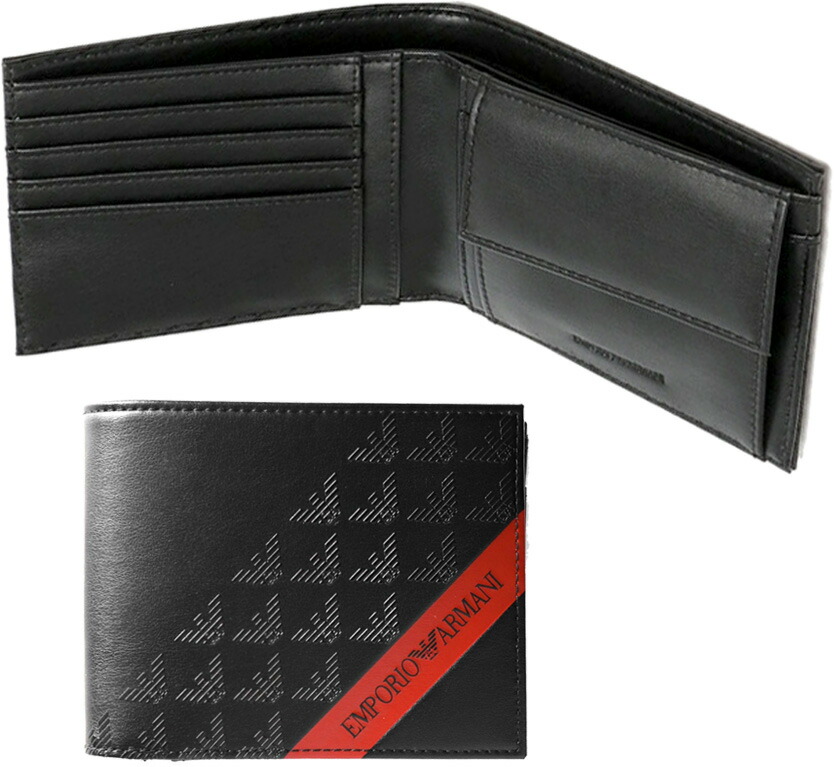 EMPORIO ARMANI エンポリオアルマーニ\u003cBR\u003eメンズ釣り銭入れ付き添い人二つ折り金入れスラッシュエンボスイーグルモノグラムコントラストラインフェイクレザー\u003cBR\u003e黒いこと×スラッシュレッドライン 80681BKRE\u003cBR\u003e２つ折り金入れ 新品未当て嵌める【中古】