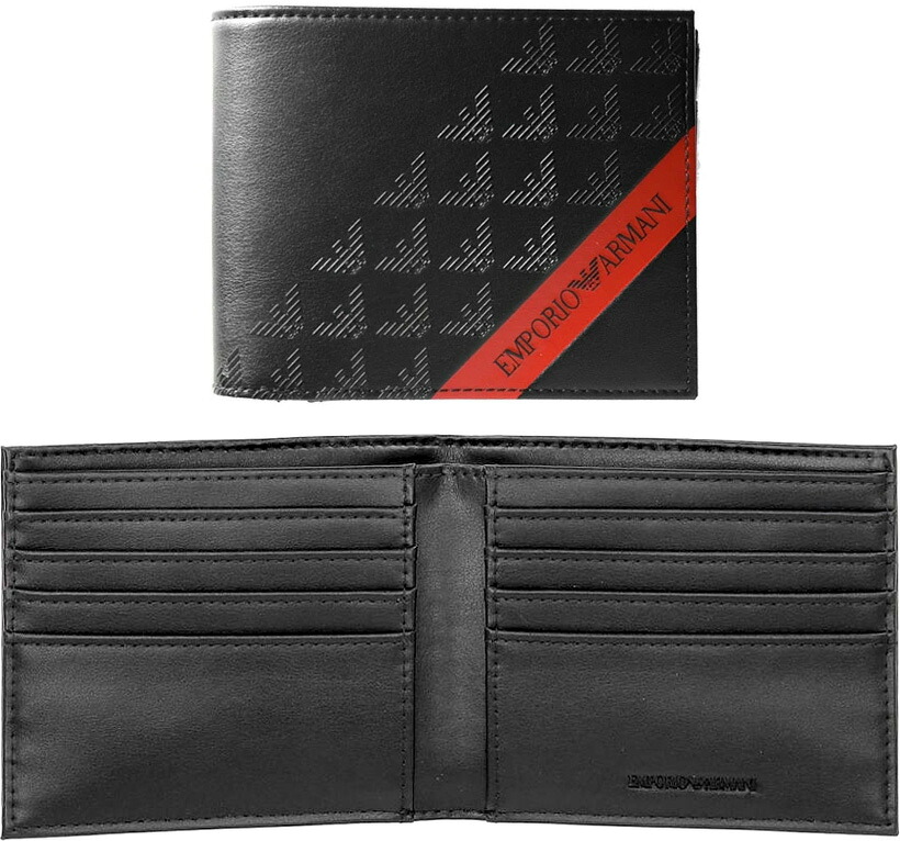 EMPORIO ARMANI エンポリオアルマーニ メンズ 二つ折り財布カードウォレット スラッシュエンボスイーグルモノグラム 小銭入れ無し コントラストラインフェイクレザー ブラック×スラッシュレッドライン 80681BKRE ２つ折り財布 新品未使用【中古】