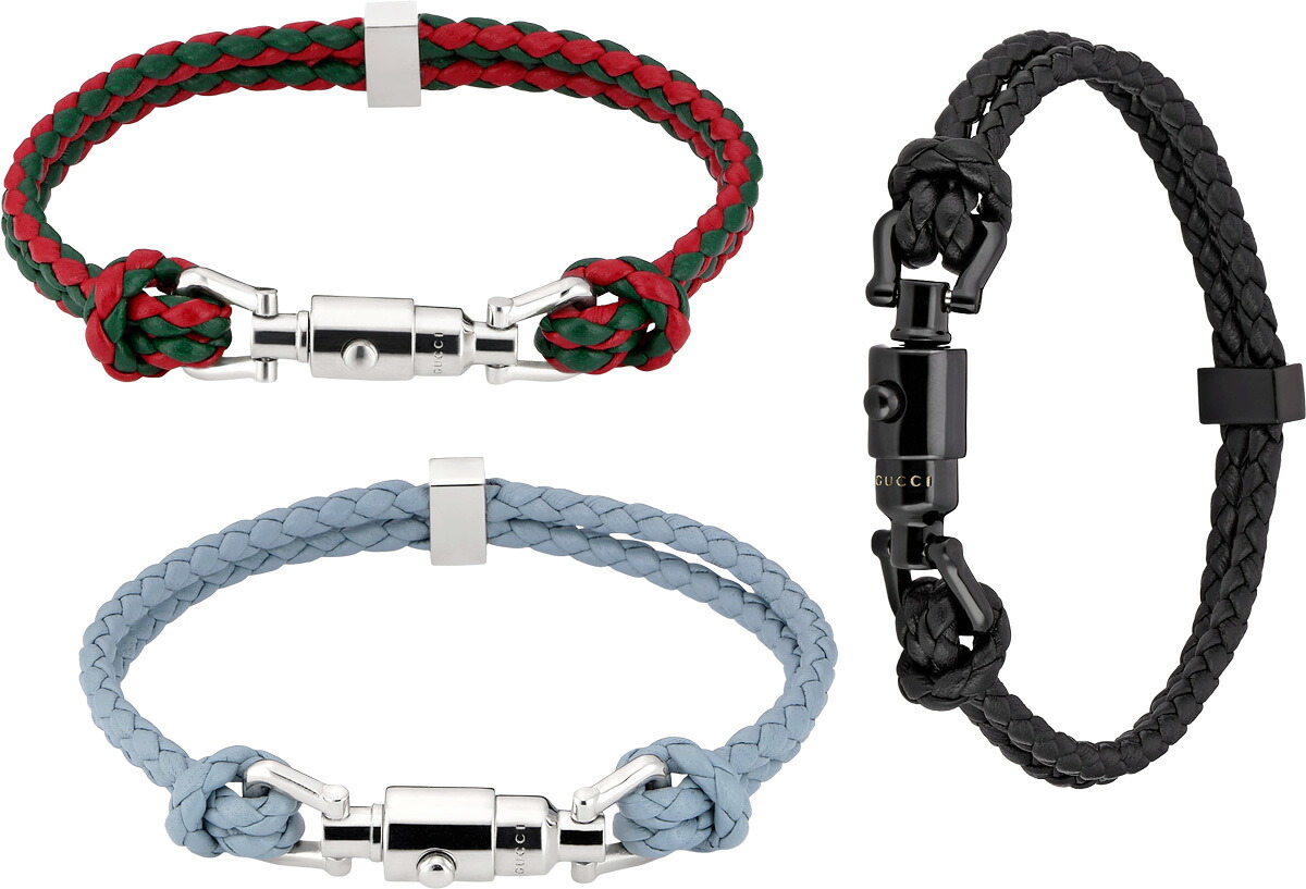 GUCCI グッチ メンズ レディース イントレチャートブレイドコードブレスレット ロゴ刻印ピストンブレイド ブラック シルバー バックル クロージャー エングレービングロゴ ライトブルー ブラック グリーン×レッド 8029BKIAAGN8199SLLBL IAAGO8519REGN 60,379円