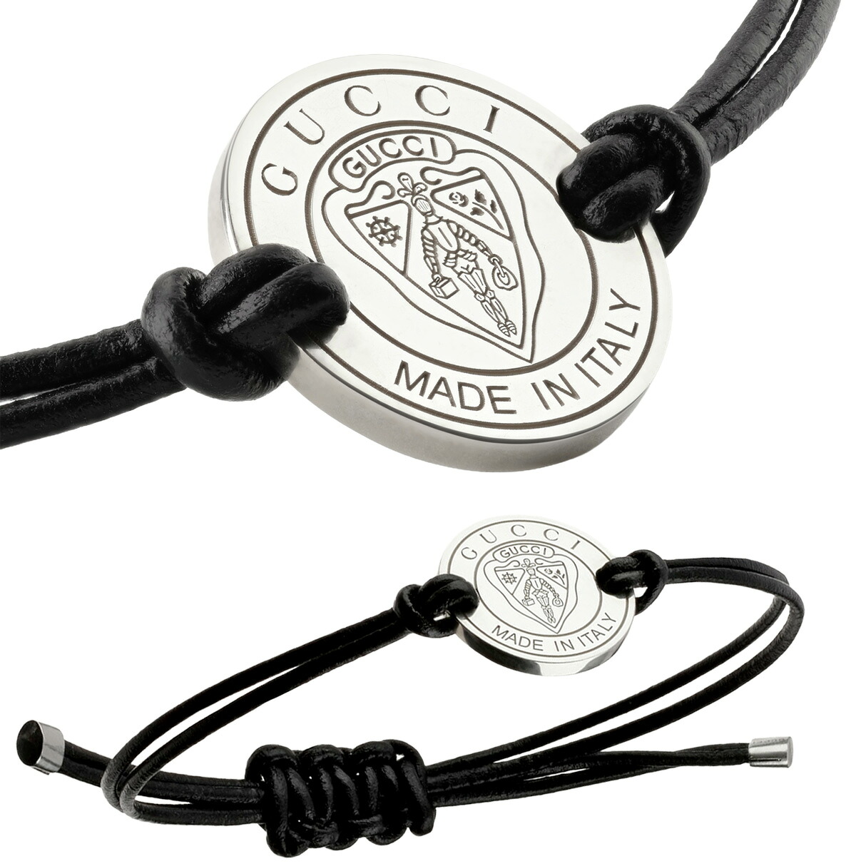 GUCCI グッチ  メンズ レディース なめし革腕輪\u003cBR\u003e クレストロゴ目じるし鋳貨一皿\u003cBR\u003eしろがね色 ブレスレットブラックレザーコード\u003cBR\u003e男女兼用 CREST LEATHER CORD 8163SL PLATE\u003cBR\u003eLEATHER BRACELET 合わせる能力のあるな横すべり式うち切り具