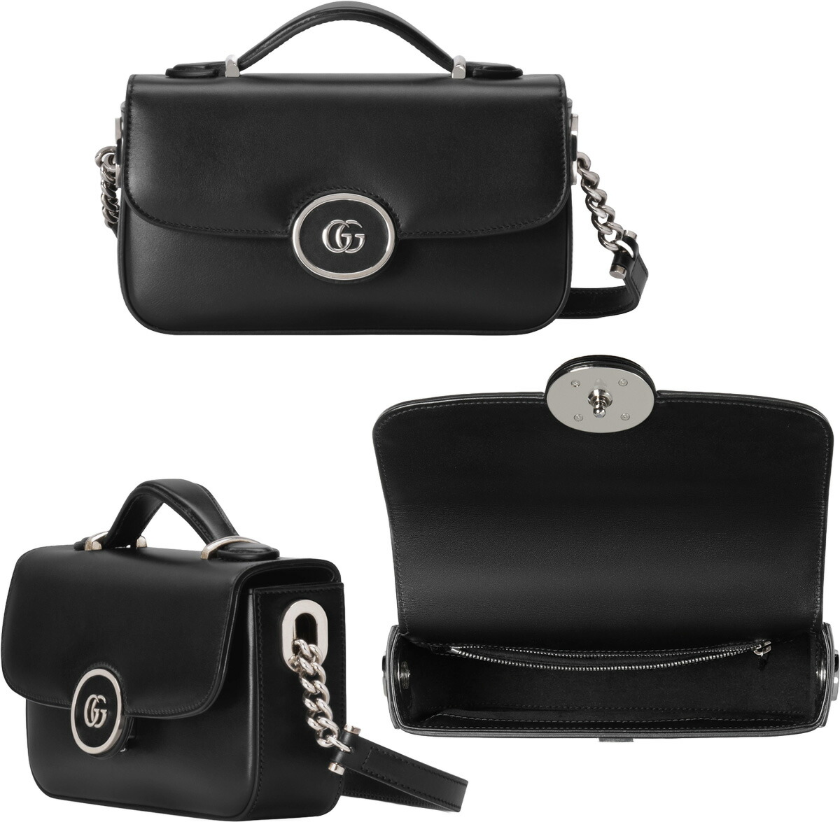 GUCCI グッチ レディース\u003cBR\u003eチェーン店ショルダーバッグ ミニGG\u003cBR\u003e黒いことなめし革 オーバルGGロゴタイプ\u003cBR\u003eジップトップクロージャー調節する能力のあるレザーショルダーストラップ\u003cBR\u003eダブルGロゴクロスボディバッグ うしろ側 鞄 BAGマイクロ衣料繊維 裏打ち PETITTEGG1000BK