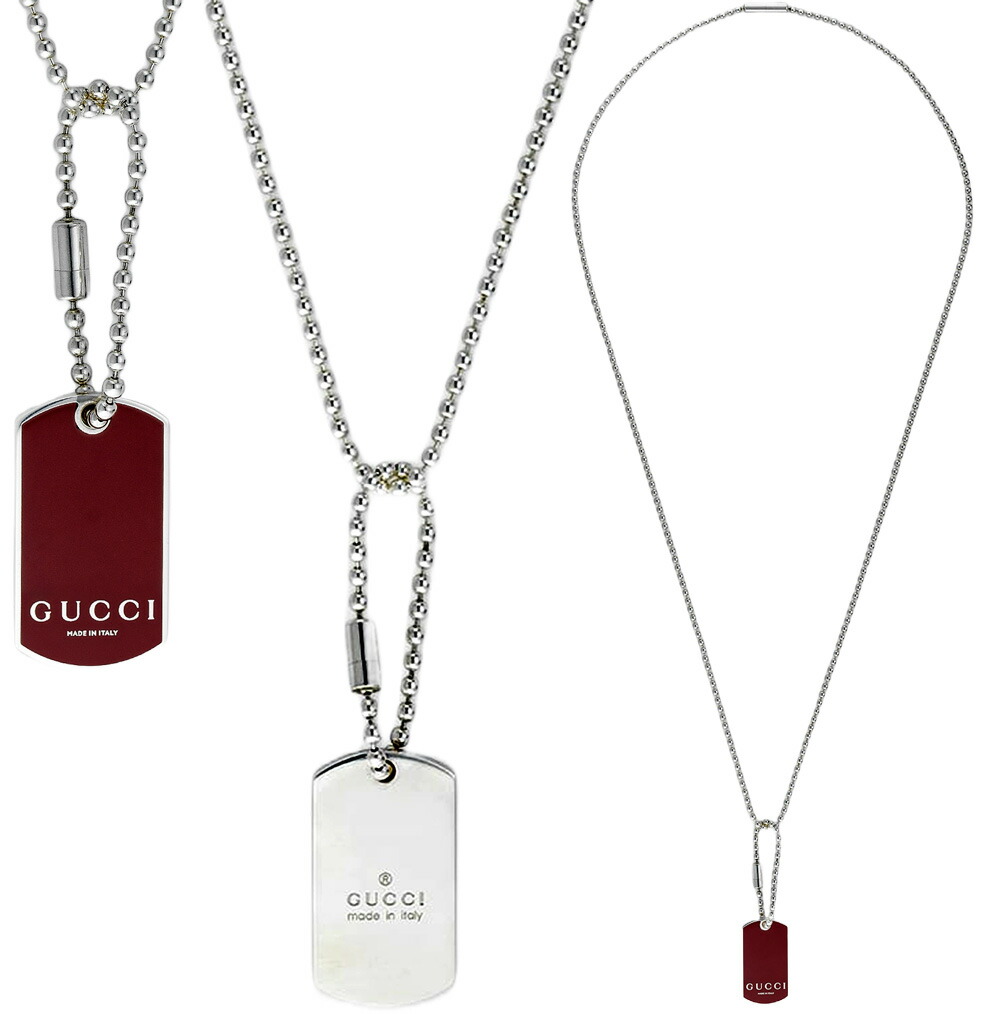 GUCCI グッチ ドッグタグネックレスワインレッド ドロップドッグタグプレートロゴ刻印スターリングシルバープレートペンダントアルファベット チャーム ブール ボールチェーンGUCCI MADE IN ITALY NECKLACE PENDANT 8166SLWI｜kaminorth