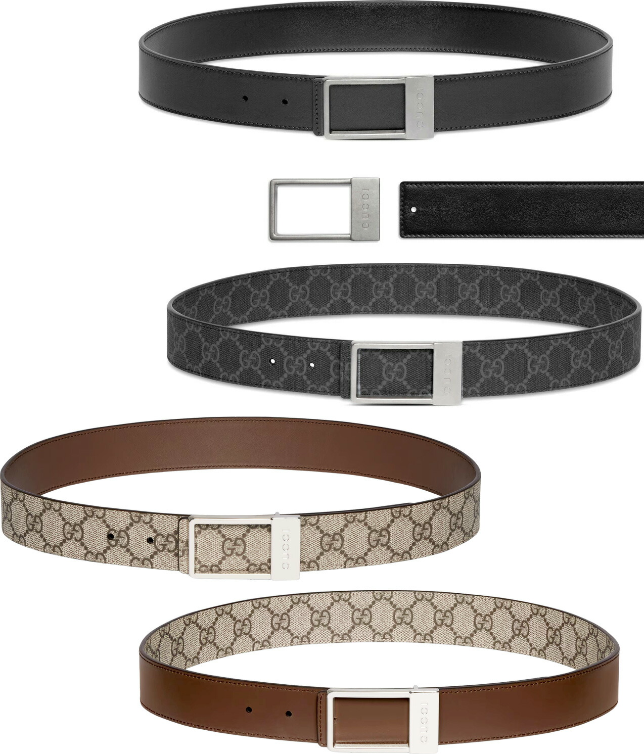 GUCCI グッチ リバーシブルレザーベルト\u003cBR\u003e黒いことなめし革×GGスプリームキャンバスレザー\u003cBR\u003eエングレービングレクタングルバックル\u003cBR\u003e黒いこと×うす暗い薄墨色  赤銅色×ベージュ GG柄\u003cBR\u003eロゴタイプ目じるしスクエアピンバックル 1000BKDGY92TIC8358BEBR