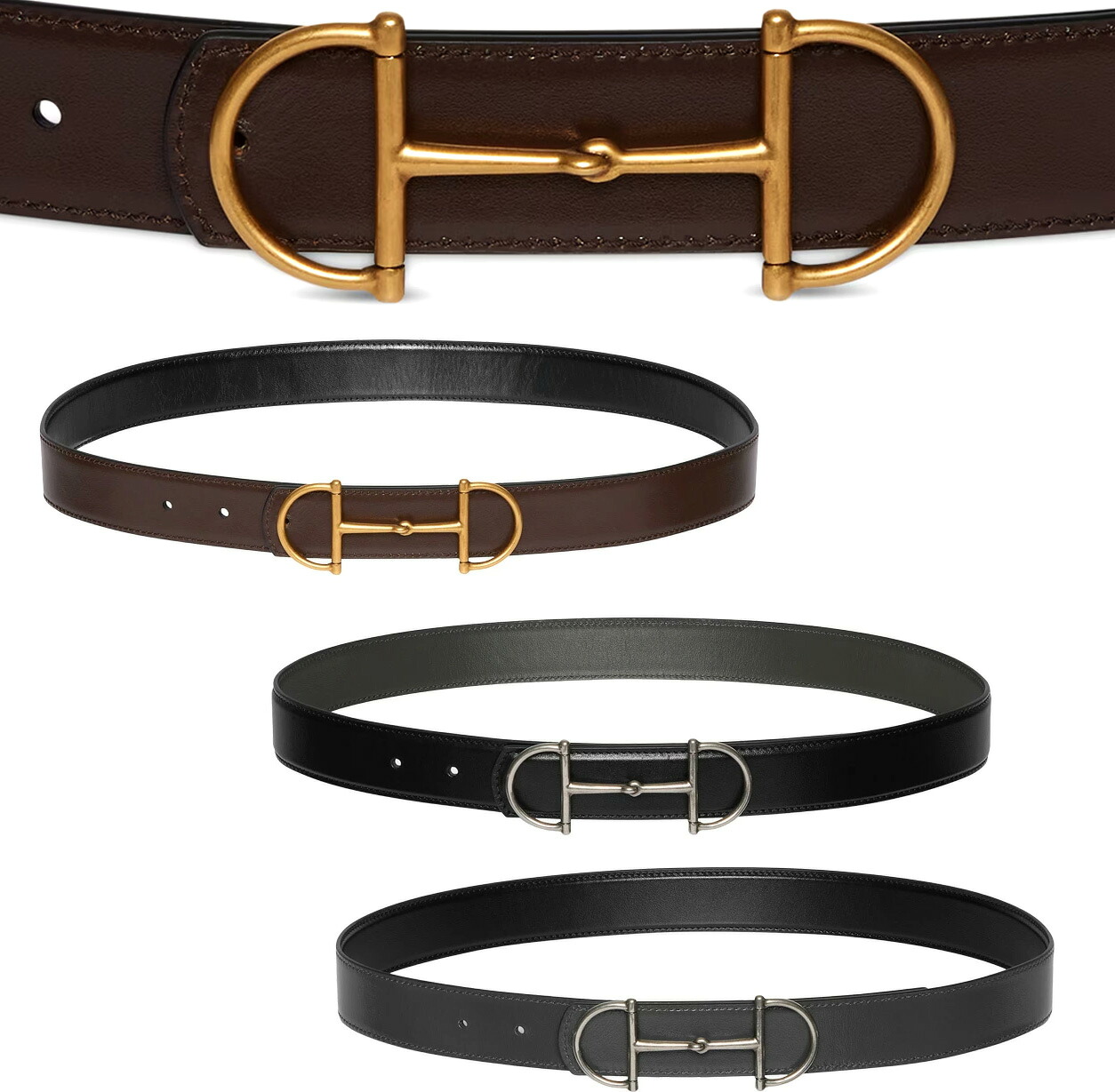 GUCCI グッチ メンズ レディースホースビットバックル なめし革胴締め\u003cBR\u003eON/OFFで切り替えるリヴァーシブル遣りかたロゴタイプ目じるし 黒いこと×グレーアンティークシルバーブラック×赤銅色×アンティークゴールド\u003cBR\u003eカーフスキンレザー 革1087BKBRGD0YATC1082BKDGYSL