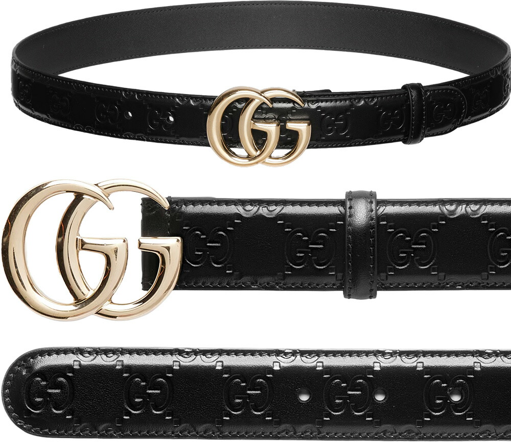 GUCCI ブラックレザー ベルト GGパターン バックル2個付き GUCCI ブラックレザー ベルト GGパターン