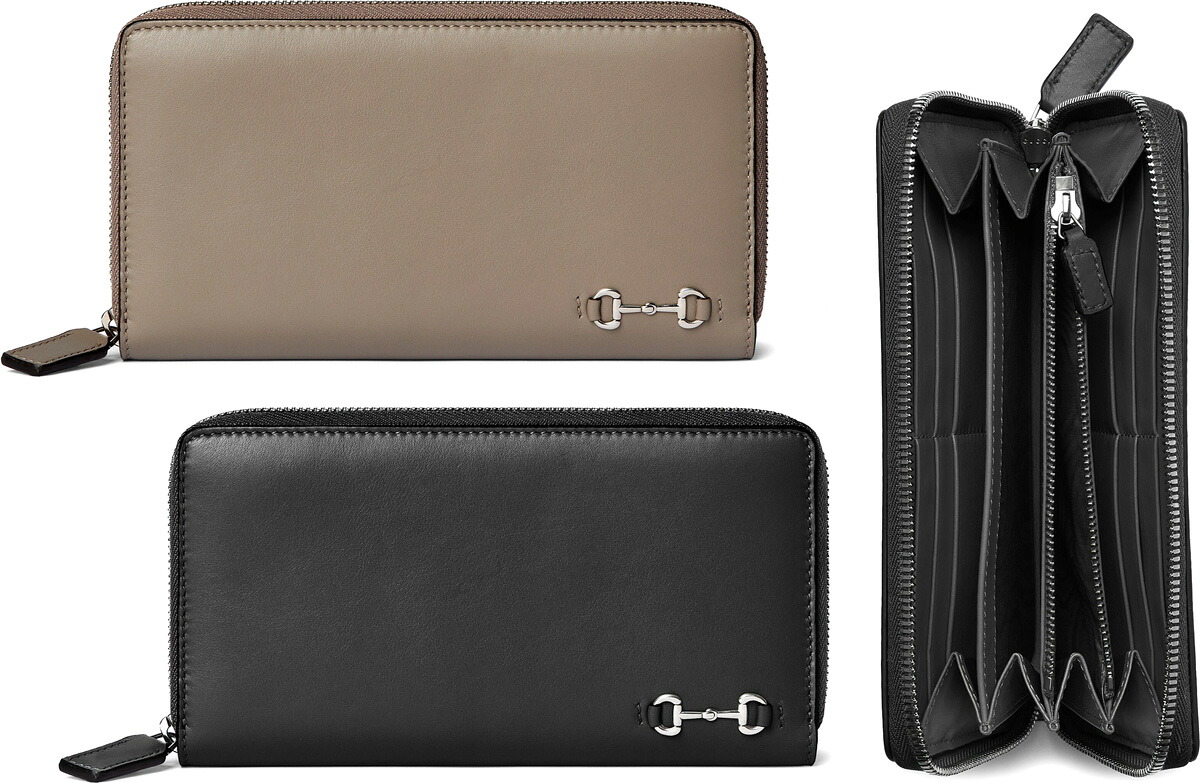 GUCCI グッチ メンズ 小銭入れ付きラウンドファスナー長財布 ブラック ベージュ ソフトカーフレザー ホースビットチャーム ジップウォレット HOUSEBIT2816BE1000